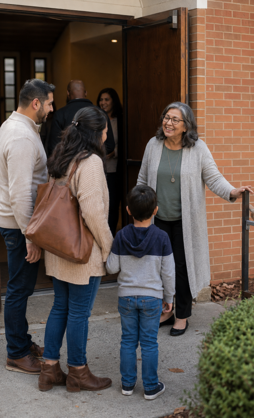 Church members warmly welcoming visitors at the entrance on Sunday morning